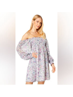 BCBGeneration Floral Off-Shoulder Smocked Mini Dress 14 Romantic Puff Sleeve NWT